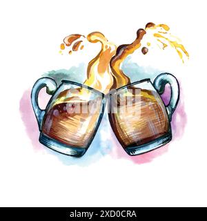 Ziehen Sie bei einem Toast mit einem Spritzer Bierschaum zwei Becher mit Wasserfarbe von Hand Stock Vektor