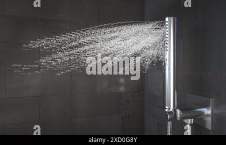 Moderner Duschkopf, der Wasser sprüht, schwarz geflieste Wand, Badezimmer 3d Stockfoto