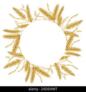 Rundrahmen für Weizenohren. Gerstenstiele Aquarellkranz für Brot, Mehlverpackungen, Bäckerei-Branding. Rustikales Clipart für Hochzeitseinladungen in der Scheune, Datum speichern, Thanksgiving, Shavuot, Etiketten und Tags Stockfoto