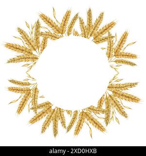 Rundrahmen für Weizenohren. Gerstenstiele Aquarellkranz für Brot, Mehlverpackungen, Bäckerei-Branding. Rustikales Clipart für Hochzeitseinladungen in der Scheune, Herbsterntefest, Thanksgiving, Shavuot-Feier Stockfoto