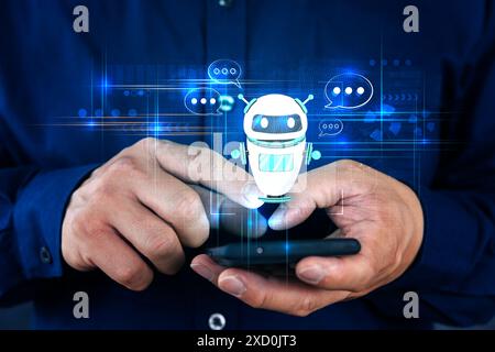 Berühren Sie den digitalen Chatbot per Hand, um auf Informationen und Daten im Online-Netzwerk zuzugreifen. Roboteranwendungen und globale Konnektivität KI Künstliche Intelligenz Stockfoto