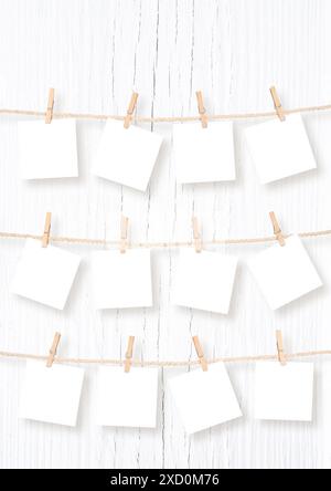 Zwölf leere quadratische Rahmen für Babybild, das an einem Seil hängt, isoliert auf weißem Hintergrund. Beschneidungspfad für enthaltene Bilder. Mein Erstes Jahr Stockfoto