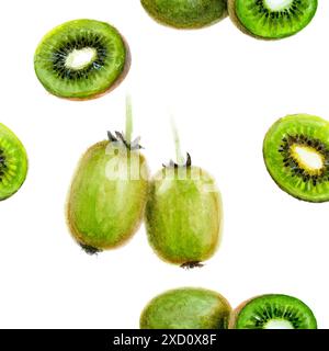 Detailliertes Kiwi-Aquarellmuster mit ganzen und geschnittenen Früchten auf einem sauberen weißen Hintergrund Stockfoto
