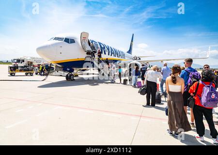 Ryanair Jet am Flughafen Girona, Katalonien, Spanien, Stockfoto