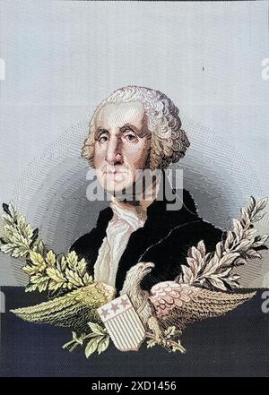 Porträt von George Washington ( 22. Februar 1732 - 14. Dezember 1799 ) mit einem Adler mit einem Schild, flankiert von Lorbeerzweigen - c.a 1876 Stockfoto