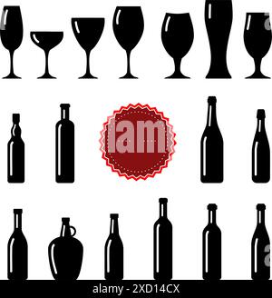 Große Auswahl an Symbolen für Wein oder andere alkoholische Flaschen. Glasflaschen voller Wein Stock Vektor