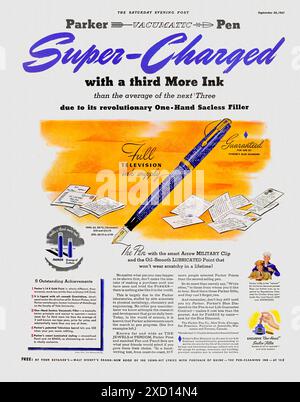 Parker Vacumatic Pen, Super-Charged, Saturday Evening Post, 20. September 1941. - Vintage-Werbedruck-Poster Stockfoto