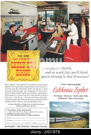 1961 Vista-Dome California Zephyr - Western Pacific Ad - San Francisco Cable Car Room Stockfoto