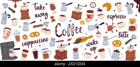 Kaffeeset. Handgezeichnete Elemente für Café-Menü und Café-Shop. Bohnen, Getränke, Tassen, Topf, Paket, Schleifmaschine, Filter, Maschine, Portafilter, Wasserkocher. Stock Vektor