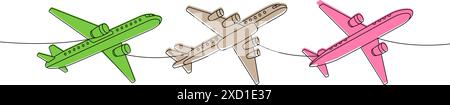 Jetflugzeug-Set. Passagierflugzeuge eine Linie farbige durchgehende Zeichnung. Unterschiedliche Lufttransporte durchgehende einzeilige Abbildung. Stock Vektor