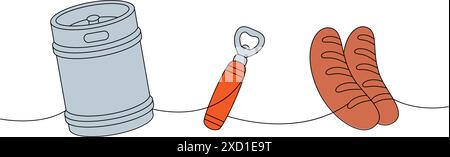 Brauerei Set eine Linie farbige kontinuierliche Zeichnung. Bierfass aus Metall, Flaschenöffner, frittierte Würstchen durchgehende einzeilige Illustration. Vektorabbildung. Stock Vektor