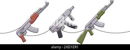 Ein Satz taktischer Sturmgewehre, eine Linie farbige, durchgehende Zeichnung. Verschiedene moderne Waffen durchgängig eine Zeile Illustration. Vektorabbildung. Stock Vektor