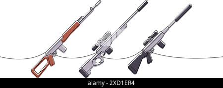 Satz von Scharfschützengewehren, eine Linie farbige, fortlaufende Zeichnung. Verschiedene moderne Waffen durchgängig eine Zeile Illustration. Lineare Vektordarstellung. Stock Vektor