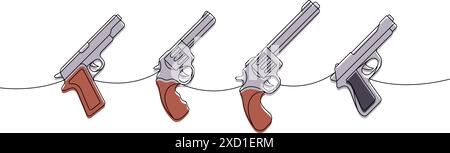 Satz von Revolvern, Pistolen, einzeilige, durchgehende Zeichnung. Verschiedene moderne Waffen durchgängig eine Zeile Illustration. Lineare Vektordarstellung. Stock Vektor