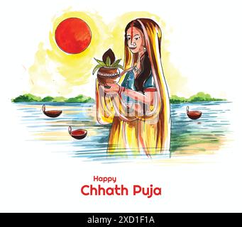 Indische Frauen für Happy Chhath Puja mit Hintergrund und Sonne Stock Vektor