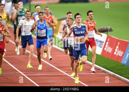 Jakob Ingebrigtsen (Norwegen), Ismael Debjani (Belgien), Ignacio Fontes (Spanien). 1500 m Hitze. Leichtathletik-Europameisterschaften München 2022 Stockfoto