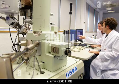 Elektronenmikroskop JSM 7000F Thermal-FEG-REM Mikrostrukturanalyse elektronenmikroskopische Darstellung und Verteilung von Zementit in Medium c Stockfoto