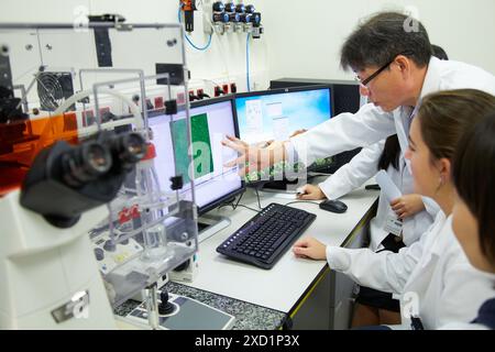 Lehrer und Schüler. Invertiertes optisches Mikroskop. Mit Inkubatorkammer für in-vivo-Experimente. Im Bild: GFP ADSC´s auf PCL-Gerüsten. Erweitert Stockfoto