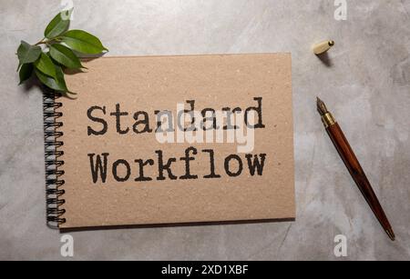 Standard-Workflow-Text auf geöffnetem Notizblock auf weißer Tastatur. Stockfoto