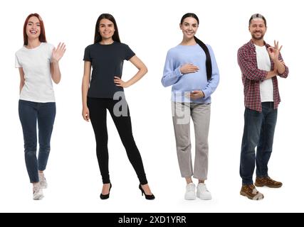 Gruppe verschiedener Frauen auf weißem Hintergrund Stockfoto