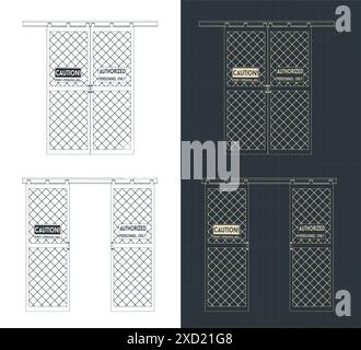 Stilisierte Vektorillustrationen von Bauplänen industrieller Schiebetüren für Roboterzellen Stock Vektor