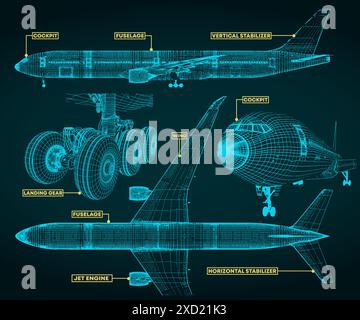 Vektorillustration eines Bruchstücks von Blaupausen eines zivilen Flugzeugs Stock Vektor