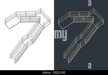 Stilisierte Vektorabbildungen von Bauplänen von Industrietreppen Stock Vektor