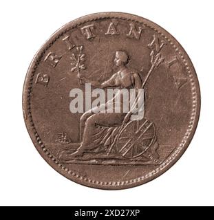 Rückseite eines georgischen englischen Penny mit Britanien nach links, datiert 1806 auf der Vorderseite. Stockfoto