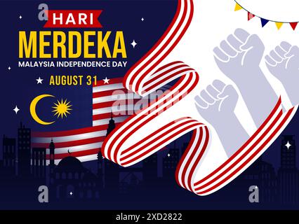 Glücklicher Malaysia Unabhängigkeitstag Vektor-Illustration am 31. August mit wehender Flagge und Band in einem National Holiday Flat Cartoon Hintergrund Stock Vektor
