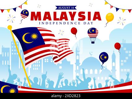 Glücklicher Malaysia Unabhängigkeitstag Vektor-Illustration am 31. August mit wehender Flagge und Band in einem National Holiday Flat Cartoon Hintergrund Stock Vektor