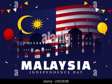 Glücklicher Malaysia Unabhängigkeitstag Vektor-Illustration am 31. August mit wehender Flagge und Band in einem National Holiday Flat Cartoon Hintergrund Stock Vektor