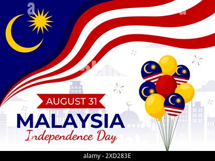 Glücklicher Malaysia Unabhängigkeitstag Vektor-Illustration am 31. August mit wehender Flagge und Band in einem National Holiday Flat Cartoon Hintergrund Stock Vektor