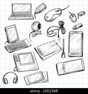 Handgezeichnetes Gerät Tablet, pc, Laptop, Smartphone Doodle Skizze Set Design Stock Vektor