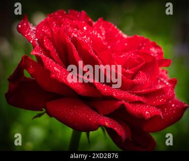 Schöne rote Rose -rosa- blühen mit Tau Tropfen Colorado, USA Stockfoto