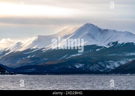 Malerische Winterausblicke in Kanada mit weißer, verschneite Landschaft. In der Nähe des Banff National Park, Alberta. Stockfoto