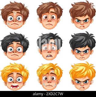 Neun Comic-Gesichter, die verschiedene Emotionen zeigen Stock Vektor