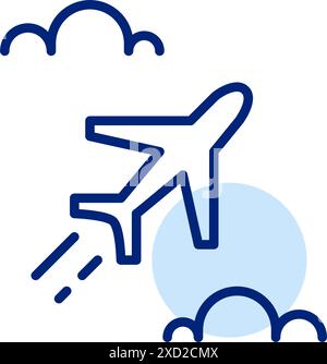 Das Flugzeug fliegt in flauschigen Wolken. Reise-, Abenteuer-, Tourismusbüro- und Urlaubsplanung. Pixelperfekter, bearbeitbarer Kontur Stock Vektor