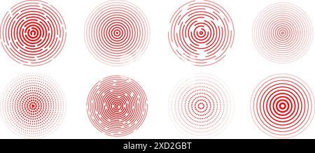 Roter konzentrischer Kreis festgelegt. Radiale Sonar- oder Schallwellenring-Sammlung. Halbton, gestrichelte und gepunktete Linien, Epizentrum, Ziel, Radarsymbole. Vibrationselemente mit konzentrischem Signal. Vektor Stock Vektor