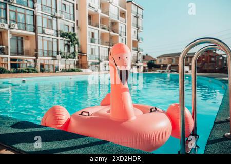 Ein rosafarbener Flamingo schwimmt in einem Pool. Der Flamingo befindet sich mitten im Pool und ist von Wasser umgeben. Der Pool befindet sich in einem Gebäude Stockfoto