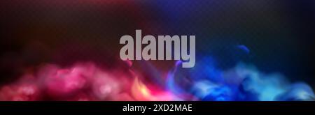 Rote und blaue Rauchwolken auf schwarzem transparentem Hintergrund mit Neonlicht-Effekt für Sport versus Konzept. Realistischer 3D Vektor zweifarbiger Nebel für Spiel vs. Konfrontation oder Polizei Auto Licht Design. Stock Vektor