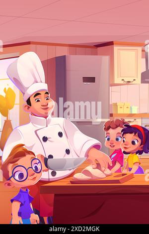 Chef Charakter mit Messer geschnitten Essen in der Nähe Kinder Vektor Illustration. Professioneller Chef in Hut und Schürze beschäftigt für Gastfreundschaft mit kleinen Kindern in der Küche Innenraum. Werkstatt für kulinarischen Service Stock Vektor