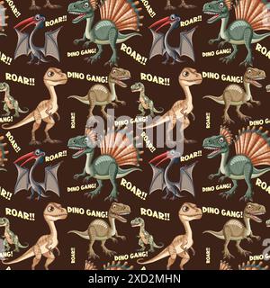 Bunte Dinosaurier mit Text auf dunklem Hintergrund Stock Vektor