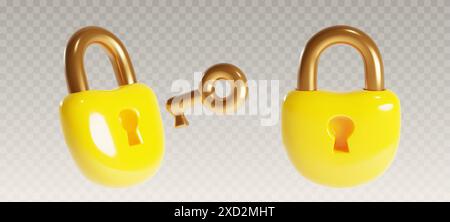 Gelb geschlossen und Türschloss mit goldenem Schlüssel entriegeln. Realistische 3D-Vektor-Illustration Set des Cartoon-Schließfachs auf transparentem Hintergrund für Sicherheit und sicheres Symbol. Schutz- und Datenschutzkonzept. Stock Vektor