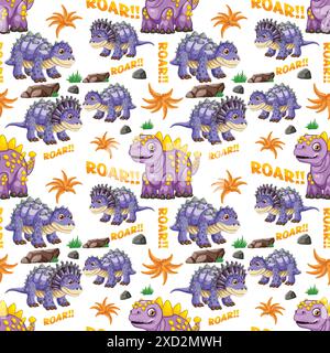 Süße Dinosaurier mit Pflanzen und Felsen Stock Vektor