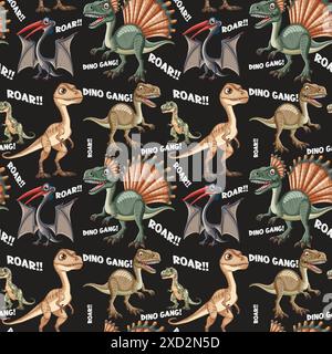 Bunte Dinosaurier mit Text auf dunklem Hintergrund Stock Vektor