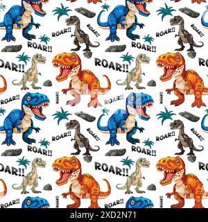 Lebendige Dinosaurier mit „Roar“-Text und Palmen Stock Vektor