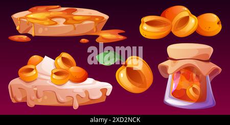 Aprikosenmarmelade auf Toast, Kuchen mit Molkerei, Glasflasche. Zeichentrickvektor-Satz von aufgebrachter orangener Gelee-Marmelade auf Brot, Obstkonserven im Glas mit Stoffkappe Abdeckung, süßes Dessert, ganze und halbe Beere Stock Vektor