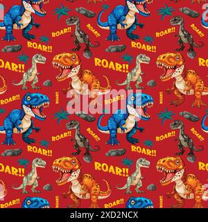 Lebendige Dinosaurier mit „Roar“-Text auf rotem Hintergrund Stock Vektor