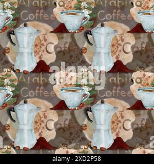Nahtloses Muster mit Arabica-Kaffee mit Mokaköpfen und -Tassen, perfekt für Café-Dekor. Digitale Kunst im Aquarellstil, auf dunklem Hintergrund, zum Drucken auf Stoff und Papier. Stockfoto