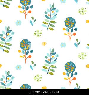 Nahtloses Muster mit Pflanzen, Blumen und Waldbeeren in leuchtenden, lebhaften Farben. Ideal für Frühlingsdesigns, Textilien und Tapeten. Fängt eine frische und verspielte Atmosphäre mit Einflüssen der Volkskunst und Waldelementen ein... Stock Vektor